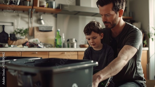 Father with son sorting and recycling household waste together. Family composting food waste, recycling food and reduce waste. Generative ai