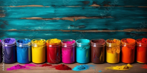 Happy Holi the Hindu Festival. Open paint cans with bright, colorful pigments on blue rustic wood. Concept Indian color festival. Vibrant Powder Colors in Glass Jars on Wooden Surface. Generative ai