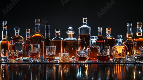 Strong alcohol drinks, hard liquors, spirits and distillates iset in glasses and bottles: cognac, scotch, whiskey and other. Black bar counter background  photo