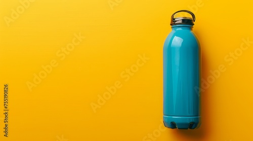 Thermos water bottle with top view. Blue water bottle isolated on yellow background  photo