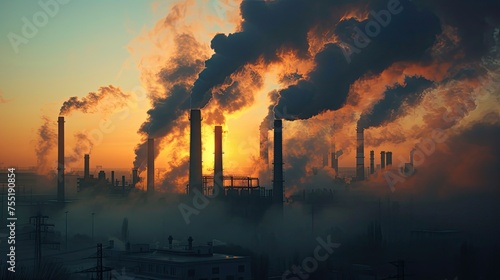 A series of factory chimneys with CO2