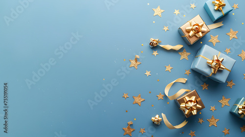 christmas presents for product presentation on a blue background with extra copy space