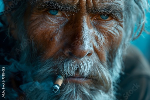 Alter Mann mit weißen Haaren und Bart raucht eine Zigarrette, tiefe Furchen im Gesicht, Nahaufnahme