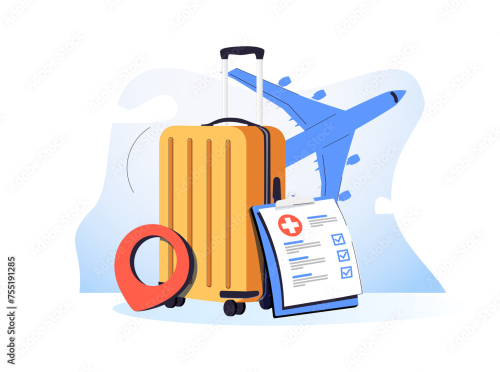Obraz premium Flight plane travel tourism trip with insurance policy. Tourism plane trip planning world tour with with insurance