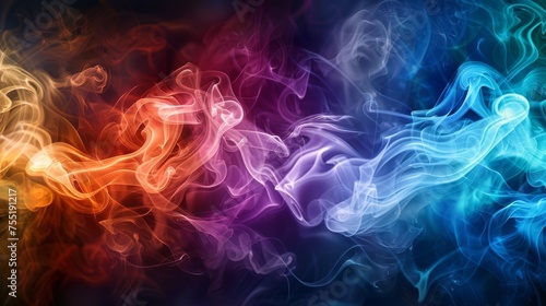 Vibrant, rainbow-colored smoke curling on a black background with whimsical ground lighting.
