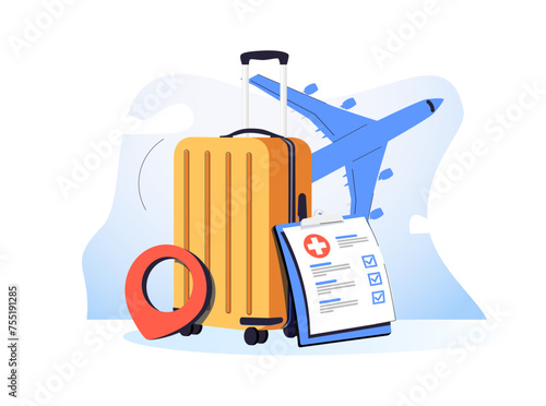 Flight plane travel tourism trip with insurance policy. Tourism plane trip planning world tour with with insurance