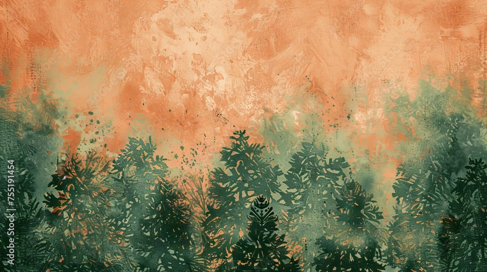 Warm apricot and forest green textured background, evoking comfort and nature.
