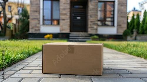 Delivery carton box package laying near house door. Background concept