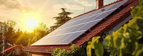 renewable energy concept, power generated by rooftop solar panels on old house roof