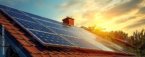 renewable energy concept  power generated by rooftop solar panels on old house roof