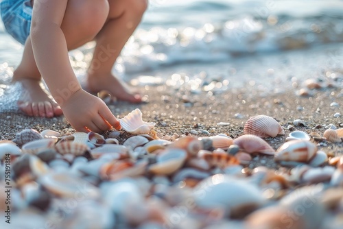 A child collecting seashells and pebbles on a sandy beach with gentle waves.