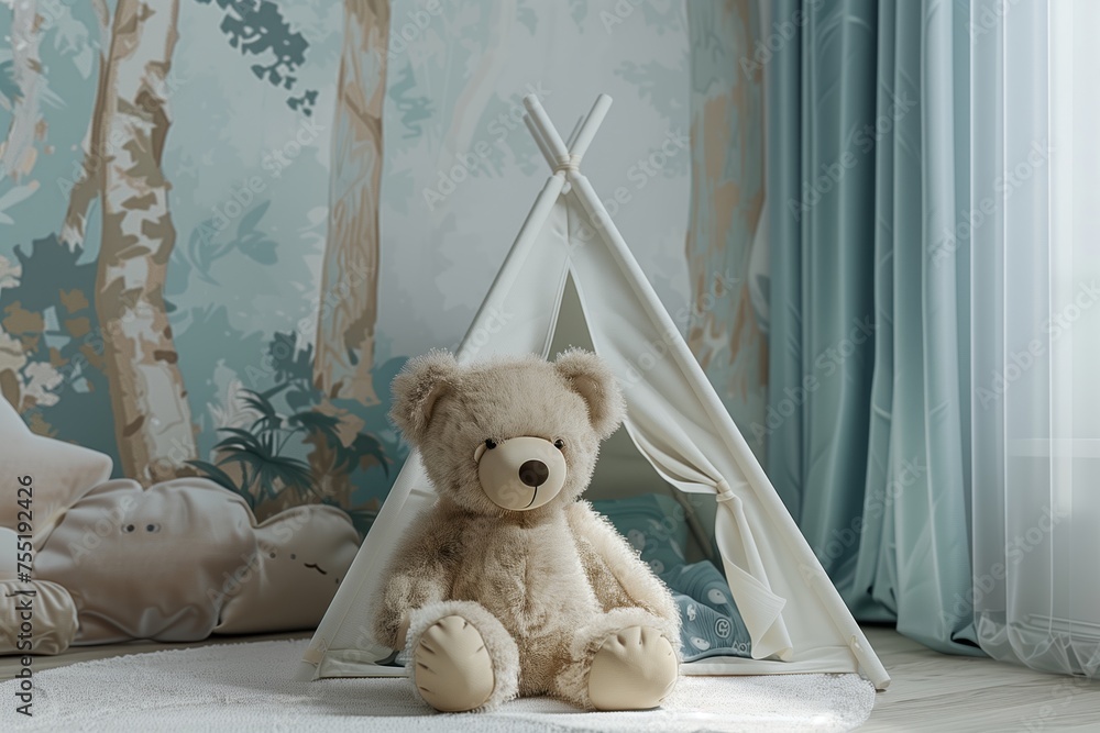 A stuffed toy teddy bear sits inside a teepee made of wood in a cozy room, its furry snout peeking out with a smile. The curtain is made of twigs, creating a sense of comfort