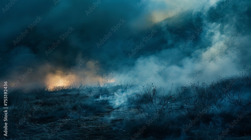 Whispering, silky smoke flows over a shadowy landscape, softly lit by ground lights.