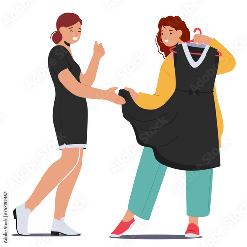 Female Friends Joyfully Explore Fashion, Trying On Dresses, Sharing Laughter, During A Delightful Shopping Spree