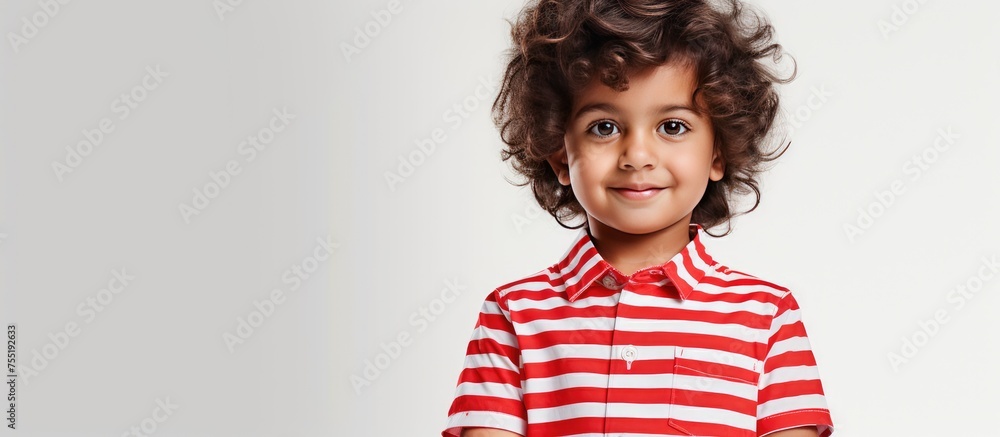 A beautiful Latin child wearing a red and white striped shirt stands confidently in front of a clean white background. A beautiful Latin child wearing a red and white striped shirt stands confidently in front of a clean white background.