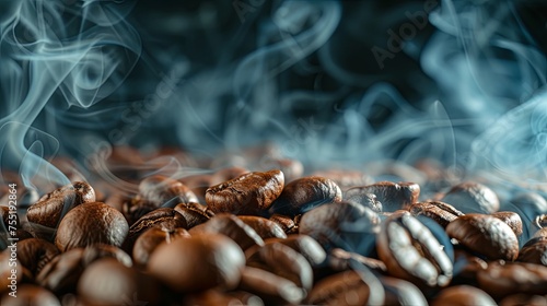 Roasted coffee beans with smoke banner. Background concept © PrettyVectors