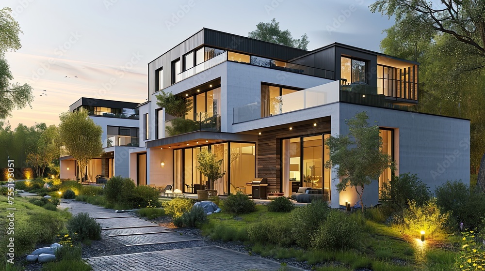 Evening view of the beautiful residential houses of modern architecture