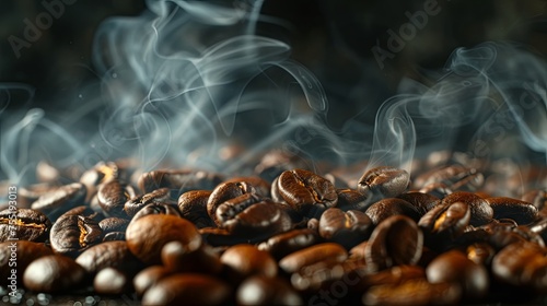 Roasted coffee beans with smoke banner. Background concept