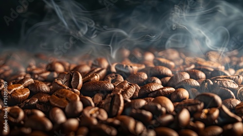 Roasted coffee beans with smoke banner. Background concept