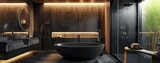 Bathroom luxury interior design with matte black bath and modern shower