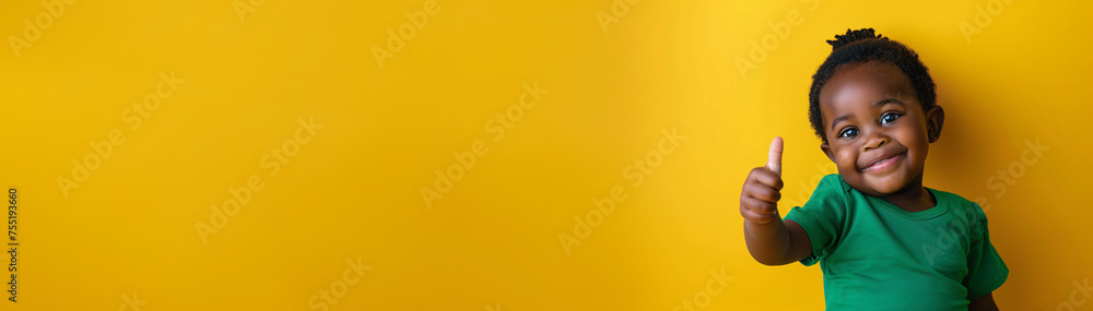 Confident Little Charmer: Adorable Black Toddler in Emerald Green Giving a Thumbs Up on a Bright Yellow Background Confident Little Charmer: Adorable Black Toddler in Emerald Green Giving a Thumbs Up on a Bright Yellow Background