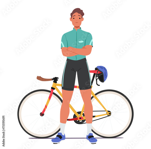 Confident Sportsman Cyclist Character Stands With Arms Crossed, Exuding Determination Beside His Sleek Bike