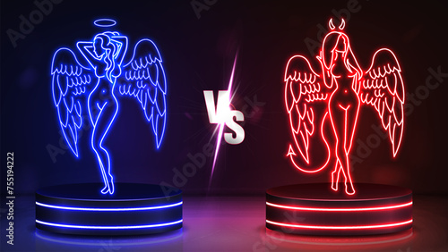 Neon bright silhouettes of sexy devil vs angel women on the catwalks in blue and red on a dark background.