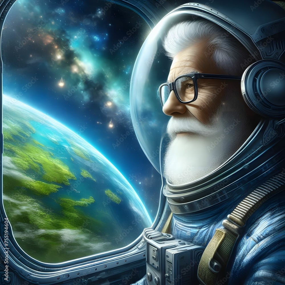  Old man looking at the globe through the porthole of a spaceship.
