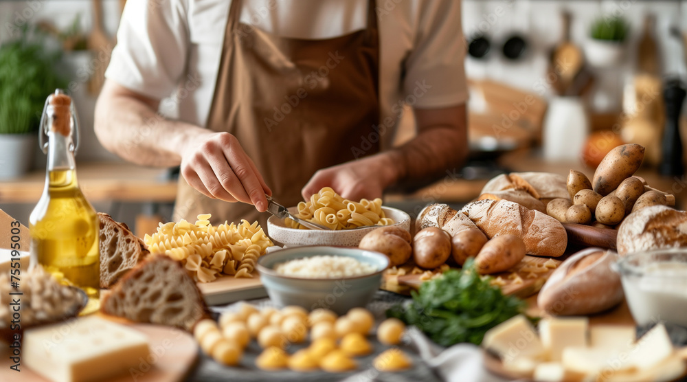 A person surrounded by carbohydrates and high-fat foods. Display a variety of carbohydrates and fats, in the kitchen or dining room. Ingredients such as pasta, bread, rice, potatoes, oils, butter A person surrounded by carbohydrates and high-fat foods. Display a variety of carbohydrates and fats, in the kitchen or dining room. Ingredients such as pasta, bread, rice, potatoes, oils, butter