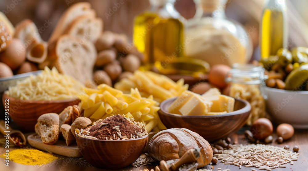 A person surrounded by carbohydrates and high-fat foods. Display a variety of carbohydrates and fats, in the kitchen or dining room. Ingredients such as pasta, bread, rice, potatoes, oils, butter A person surrounded by carbohydrates and high-fat foods. Display a variety of carbohydrates and fats, in the kitchen or dining room. Ingredients such as pasta, bread, rice, potatoes, oils, butter
