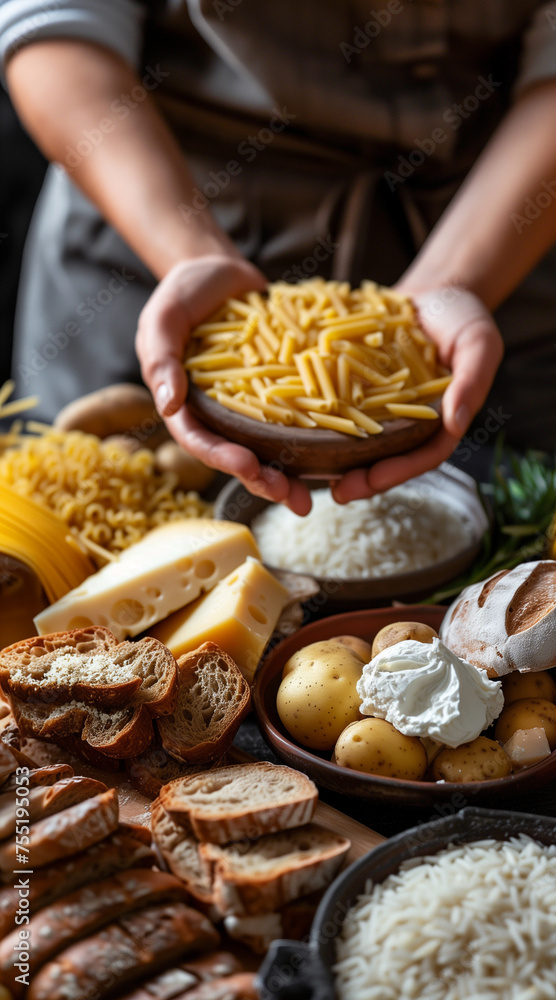A person surrounded by carbohydrates and high-fat foods. Display a variety of carbohydrates and fats, in the kitchen or dining room. Ingredients such as pasta, bread, rice, potatoes, oils, butter