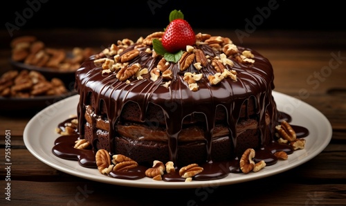 Chocolate cake with chocolate glaze and nuts on a wooden table © Digital Waves