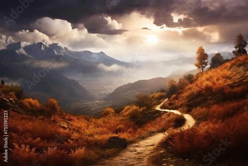 a beautiful landscape with path and mountains at sunset, sunlight in a dramatic sky with clouds, beautiful nature © soleg
