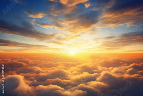 beautiful dramatic sunset sky with cumulus clouds, aerial view for abstract background