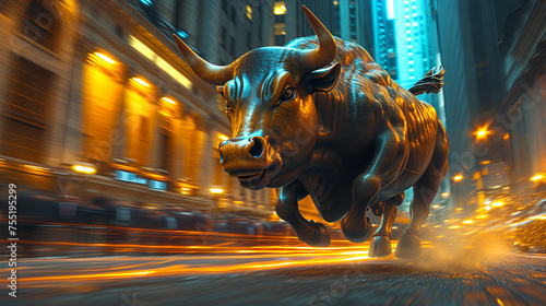 Bull Market - Bull running across floor of stock exchange - up stock market - stock prices increasing - close-up shot 