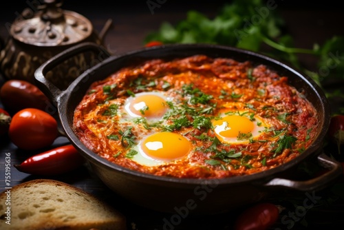 Flavorful Shakshouka arabic. Egg tomato dinner. Generate Ai © juliars