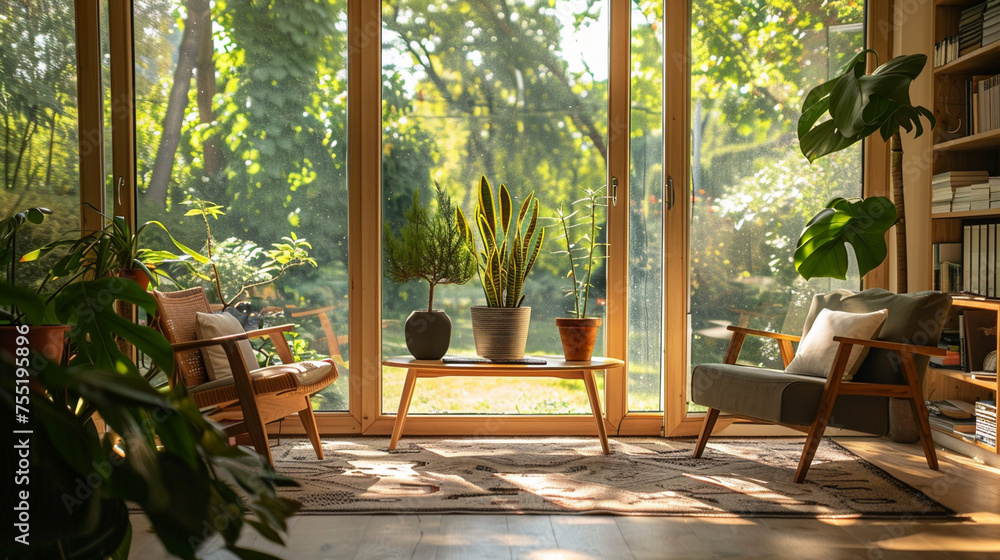 A peaceful counseling environment with a view of a garden, connecting clients to nature during their sessions, with copy space