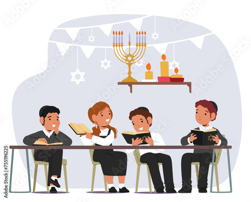 Jewish Children Characters Diligently Study Torah, Immersing Themselves In Sacred Texts To Learn Religious Teachings