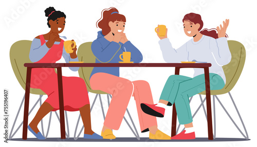 Group Of Women Share Laughter And Stories In A Cozy Cafe, Bonding Over Cups Of Coffee, Vector Illustration