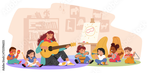 Children In A Music Class Sit On The Floor, Joyfully Exploring Various Instruments, Like Drum, Xylophone, Maracas