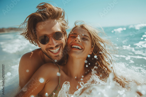 Pareja de amigos, enamorados, disfrutando del verano, del sol y de la playa, sonriendo a la cámara, bonita sonrisa. photo