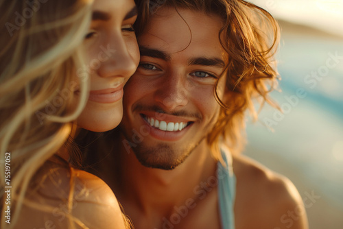 Pareja de amigos, enamorados, disfrutando del verano, del sol y de la playa, sonriendo a la cámara, bonita sonrisa.