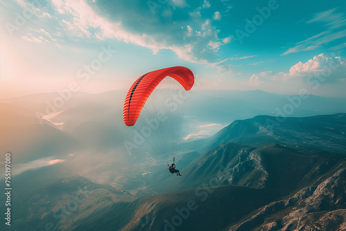 Gente practicando paracaidismo, saltando en paracaídas, cielo lleno de parapentes, deporte de riego lleno de adrenalina, disfrutando del verano, vista desde arriba, grupo de amigos, cielo y mar. photo
