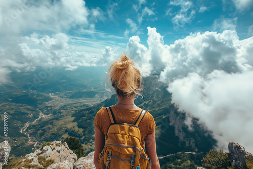 Chica disfrutando de unas vistas increíbles, desde lo alto de una montaña, viendo el mar, la naturaleza, estilo de vida saludable