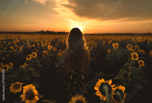 Junge hübsche Frau steht in einem Feld voller Sonnenblumen, Konzept farbenfroher Sommer photo