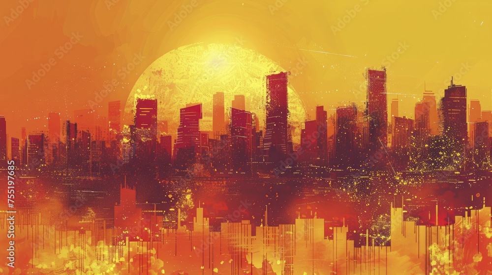 A city skyline under a scorching sun, with heatwaves radiating off the pavement, illustrating urban heat island effect.