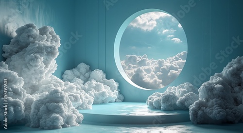 Aqua circle in electrifying blue sky, view from room with clouds