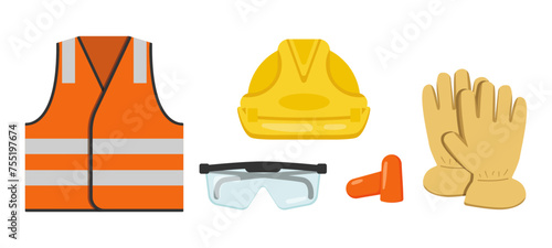 Worker safety gear illustration set. Personal protective equipment collection including, hi-vis vest, hard hat, safety glasses, ear plugs and gloves. PPE flat vector graphic elements.