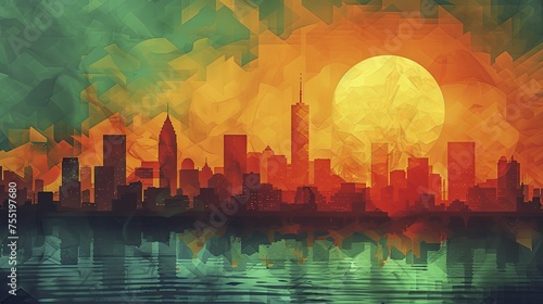 A city skyline under a scorching sun, with heatwaves radiating off the pavement, illustrating urban heat island effect.
