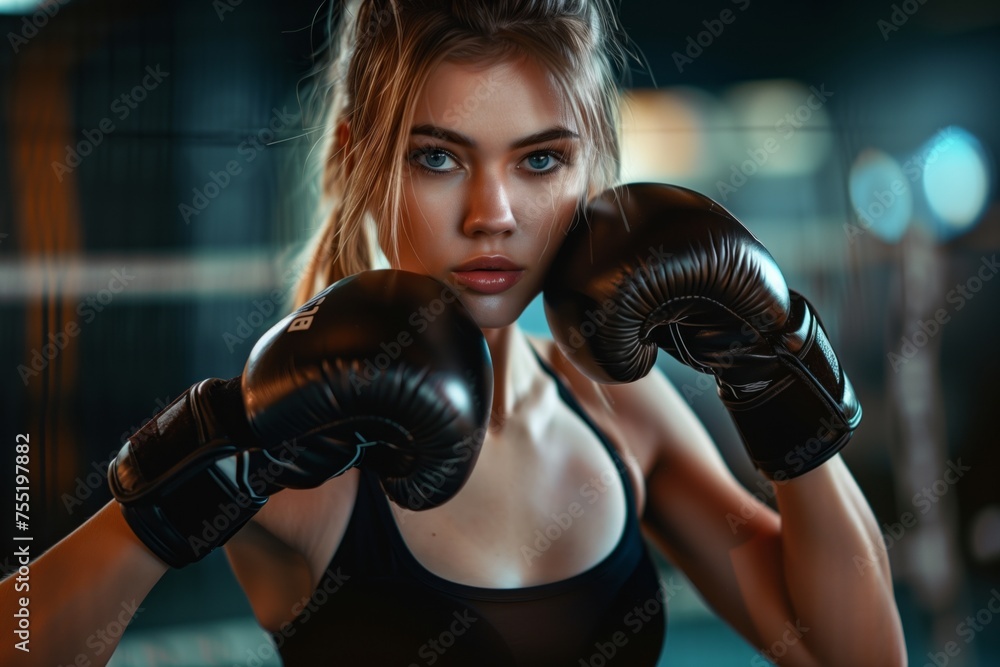 A blond woman with strong arm muscles and toned thighs is wearing boxing gloves in a ring, ready for a boxing event with flash photography